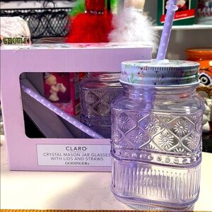 Godinger CLARO square Mason Jar Glasses w/ metal screw-on lids & reusable straws